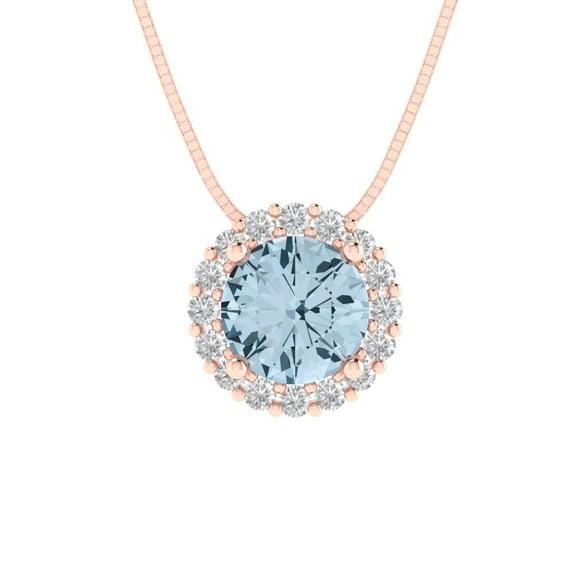 Clara Pucci 18K Rose Solid Hypoallergenic Gold 1.16Ct Natural Sky Blue Topaz Round Brilliant Cut Halo Designer Necklace Pendant For December