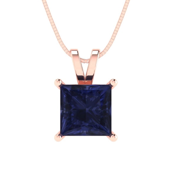 Clara Pucci 18K Rose Solid Hypoallergenic Gold 2Ct Blue Sapphire Princess Cut Solitaire Designer Necklace Pendant For September