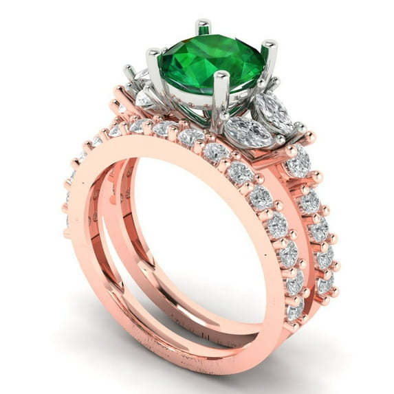 Clara Pucci 18K Rose/White Gold 2.94 Simulated Emerald Engraveable Engagement Ring + Wedding Band Set