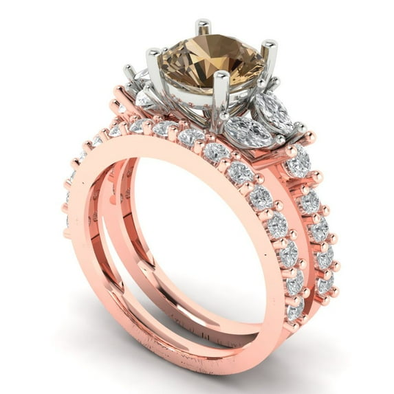 Clara Pucci 18K Rose/White Gold Round Cut 1.5Ct Simulated Champagne Engagement Ring + Matching Band - Luxury Box Included