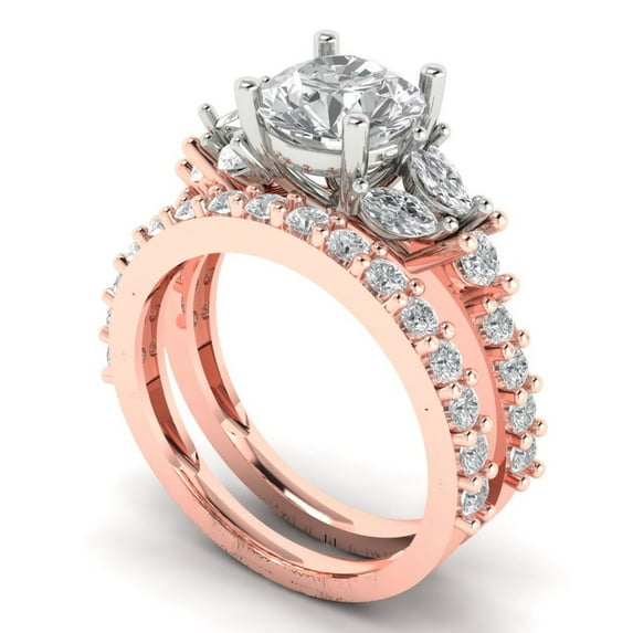 Clara Pucci 18K Rose/White Gold Round Cut 1.5Ct Synthetic Moissanite Engagement Ring + Matching Band - Luxury Box Included