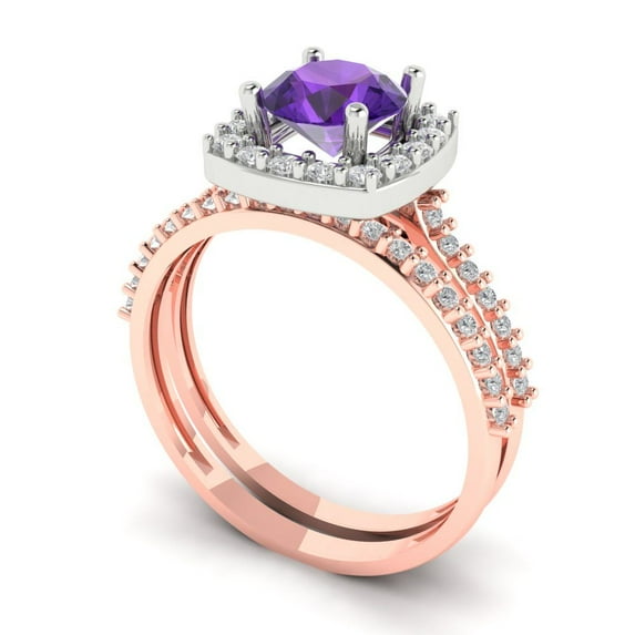 Clara Pucci 18K Rose/White Gold Round Cut 1Ct Natural Amethyst Engagement Ring + Matching Band - Luxury Box Included