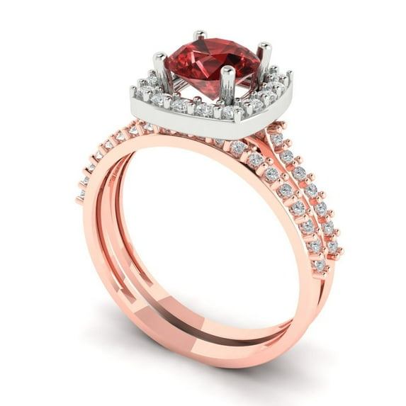 Clara Pucci 18K Rose/White Gold Round Cut 1Ct Natural Garnet Engagement Ring + Matching Band - Luxury Box Included