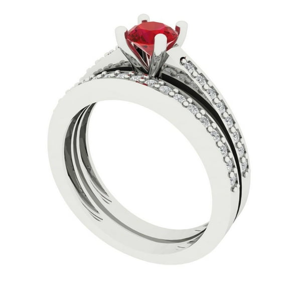 Clara Pucci 18K White Gold 0.86 Simulated Ruby Engraveable Engagement Ring + Wedding Band Set