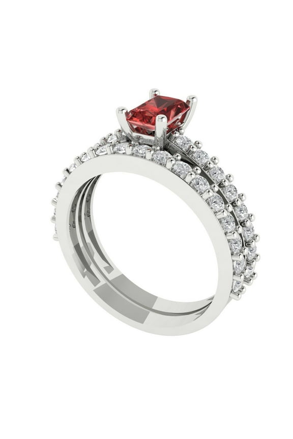 18K White Gold 1.325 Natural Garnet Engraveable Engagement Ring + Wedding Band Set