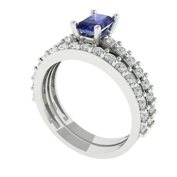 Clara Pucci 18K White Gold 1.325 Simulated Tanzanite Engraveable Engagement Ring + Wedding Band Set