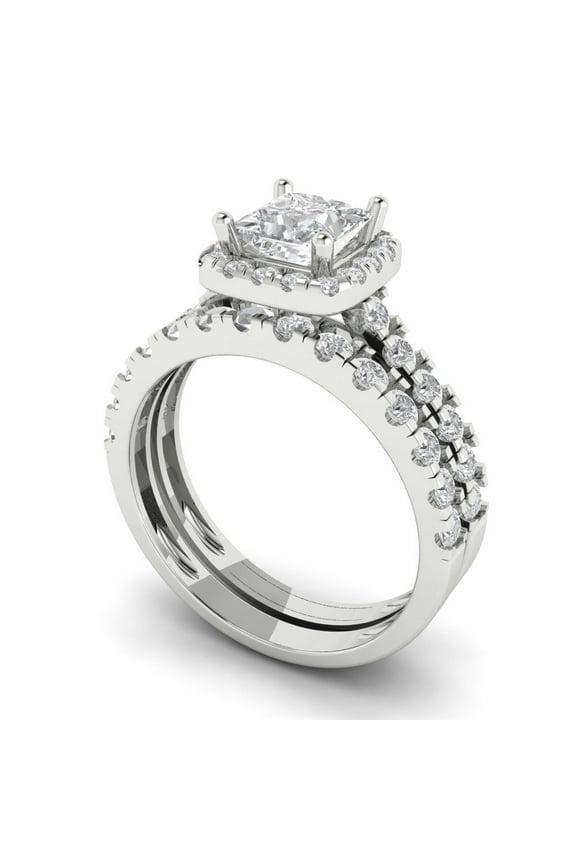 18K White Gold 1.56 Simulated Clear Diamond Engraveable Engagement Ring + Wedding Band Set