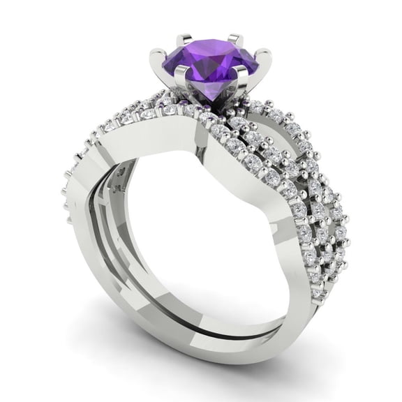 Clara Pucci 18K White Gold 1.57 Natural Amethyst Engraveable Engagement Ring + Wedding Band Set