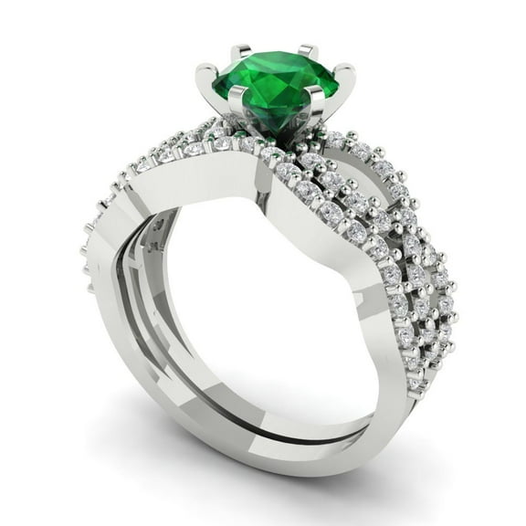 Clara Pucci 18K White Gold 1.57 Simulated Emerald Engraveable Engagement Ring + Wedding Band Set