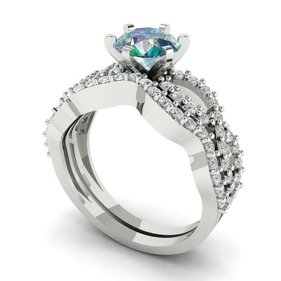 Clara Pucci 18K White Gold 1.57 Synthetic Blue Moissanite Engraveable Engagement Ring + Wedding Band Set