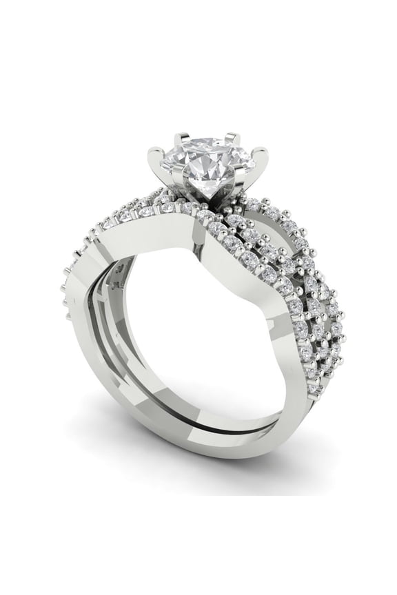 18K White Gold 1.57 Synthetic Moissanite Engraveable Engagement Ring + Wedding Band Set