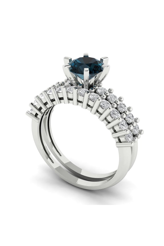 18K White Gold 1.66 Natural London Blue Topaz Engraveable Engagement Ring + Wedding Band Set