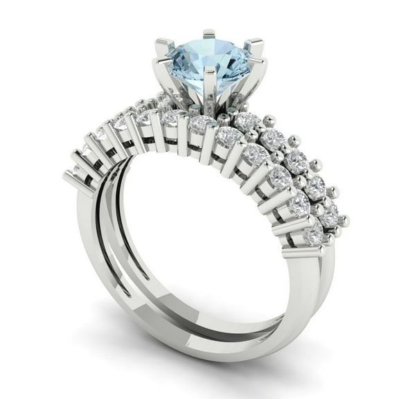 Clara Pucci 18K White Gold 1.66 Simulated Blue Diamond Engraveable Engagement Ring + Wedding Band Set