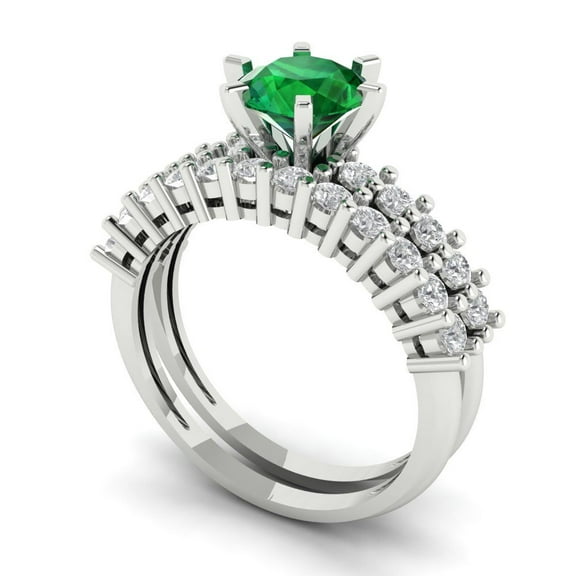 Clara Pucci 18K White Gold 1.66 Simulated Emerald Engraveable Engagement Ring + Wedding Band Set