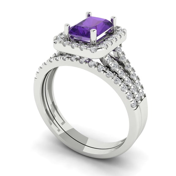 Clara Pucci 18K White Gold 1.72 Natural Amethyst Engraveable Engagement Ring + Wedding Band Set