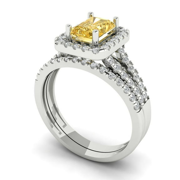 Clara Pucci 18K White Gold 1.72 Natural Citrine Engraveable Engagement Ring + Wedding Band Set
