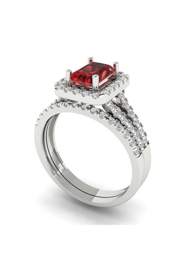 18K White Gold 1.72 Natural Garnet Engraveable Engagement Ring + Wedding Band Set