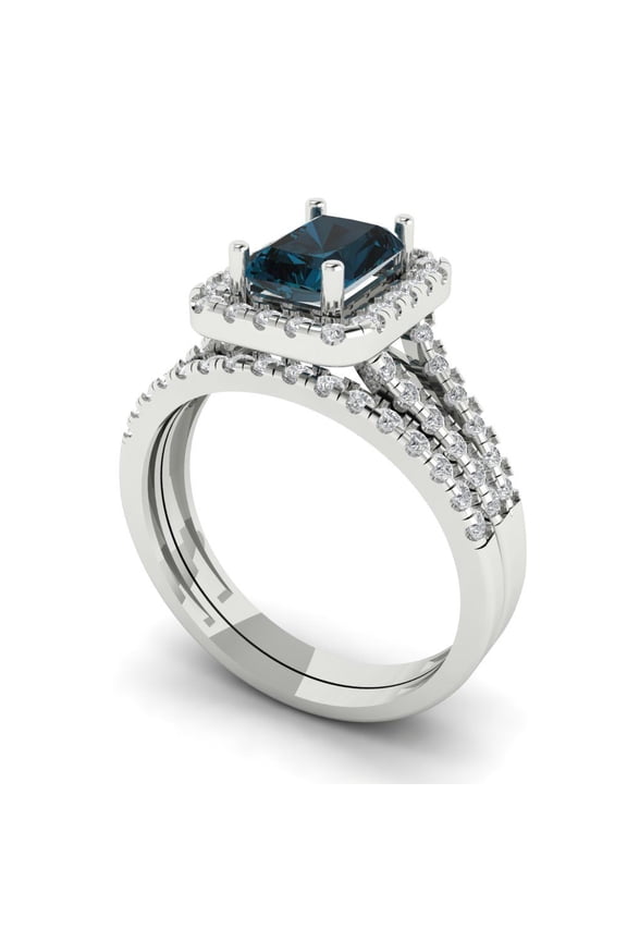 18K White Gold 1.72 Natural London Blue Topaz Engraveable Engagement Ring + Wedding Band Set