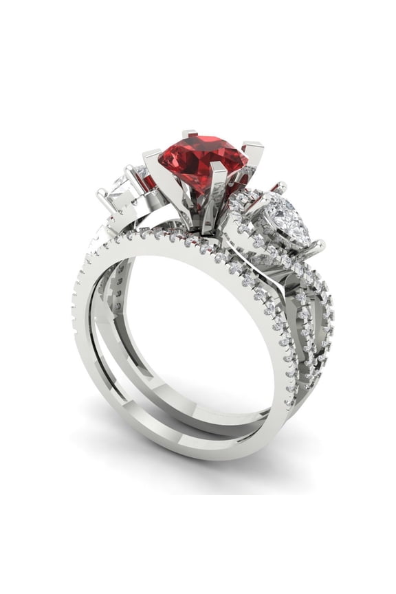 18K White Gold 1.925 Natural Garnet Engraveable Engagement Ring + Wedding Band Set