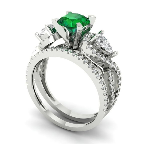 Clara Pucci 18K White Gold 1.925 Simulated Emerald Engraveable Engagement Ring + Wedding Band Set