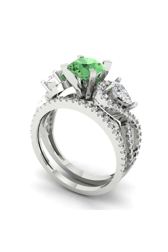 18K White Gold 1.925 Simulated Green Diamond Engraveable Engagement Ring + Wedding Band Set