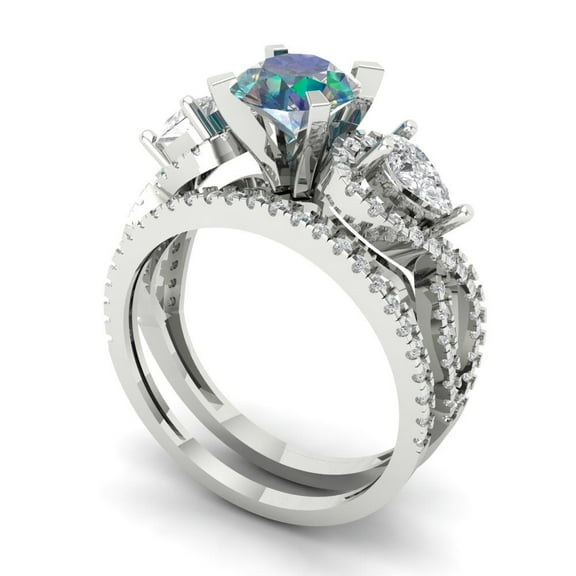 Clara Pucci 18K White Gold 1.925 Synthetic Blue Moissanite Engraveable Engagement Ring + Wedding Band Set