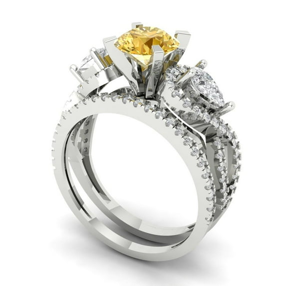 Clara Pucci 18K White Gold 1.925 Synthetic Yellow Moissanite Engraveable Engagement Ring + Wedding Band Set