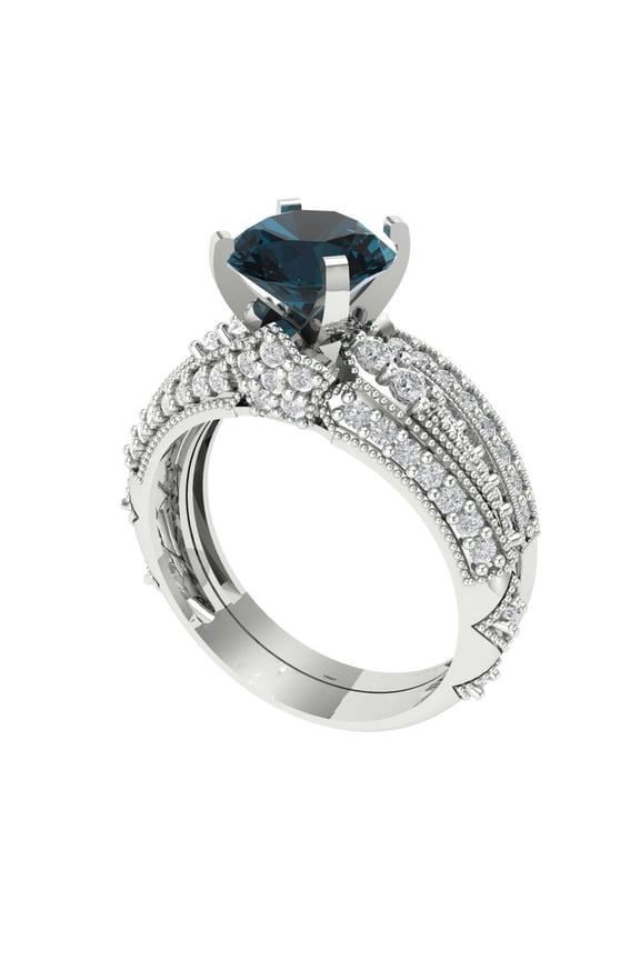 18K White Gold 2.095 Natural London Blue Topaz Engraveable Engagement Ring + Wedding Band Set