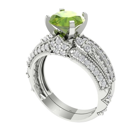 Clara Pucci 18K White Gold 2.095 Natural Peridot Engraveable Engagement Ring + Wedding Band Set