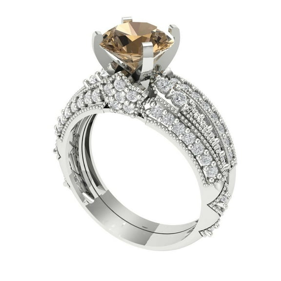 Clara Pucci 18K White Gold 2.095 Simulated Champagne Engraveable Engagement Ring + Wedding Band Set