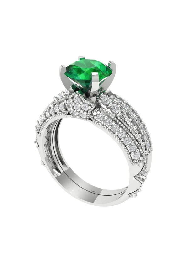 18K White Gold 2.095 Simulated Emerald Engraveable Engagement Ring + Wedding Band Set