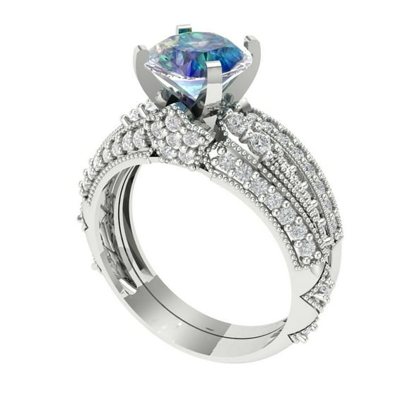 Clara Pucci 18K White Gold 2.095 Synthetic Blue Moissanite Engraveable Engagement Ring + Wedding Band Set