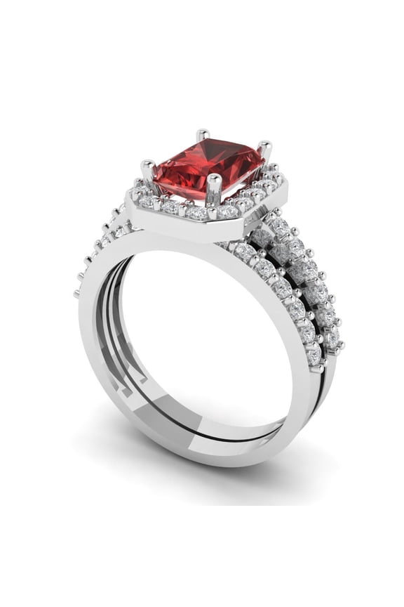 18K White Gold 2.16 Natural Garnet Engraveable Engagement Ring + Wedding Band Set