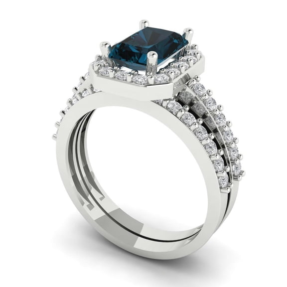 Clara Pucci 18K White Gold 2.16 Natural London Blue Topaz Engraveable Engagement Ring + Wedding Band Set