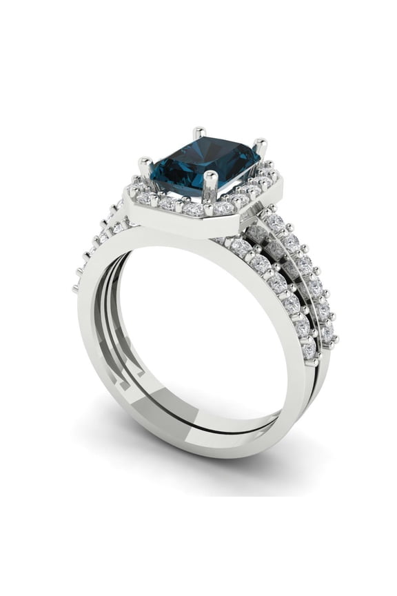18K White Gold 2.16 Natural London Blue Topaz Engraveable Engagement Ring + Wedding Band Set