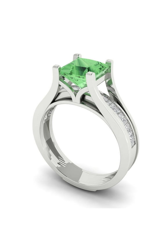 18K White Gold 2.28 Simulated Green Diamond Engraveable Engagement Ring + Wedding Band Set
