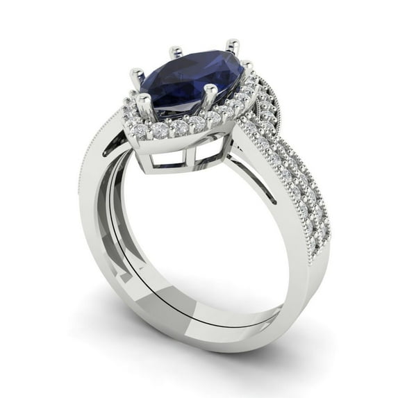 Clara Pucci 18K White Gold 2.4875 Simulated Blue Sapphire Engraveable Engagement Ring + Wedding Band Set