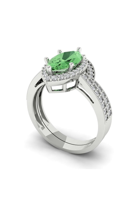 18K White Gold 2.4875 Simulated Green Diamond Engraveable Engagement Ring + Wedding Band Set