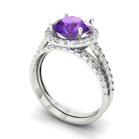 Clara Pucci 18K White Gold 2.52 Natural Amethyst Engraveable Engagement Ring + Wedding Band Set