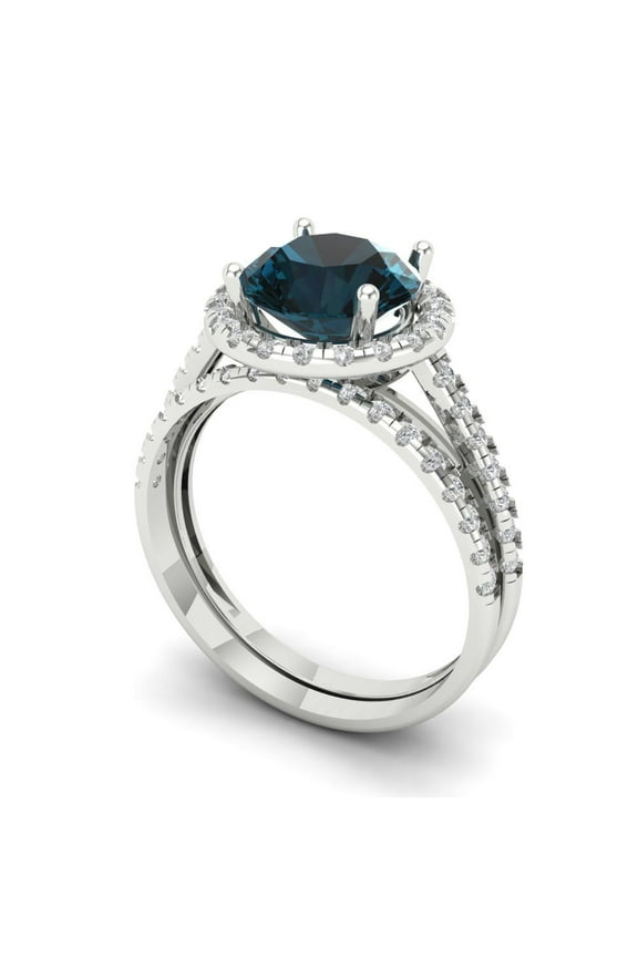 18K White Gold 2.52 Natural London Blue Topaz Engraveable Engagement Ring + Wedding Band Set
