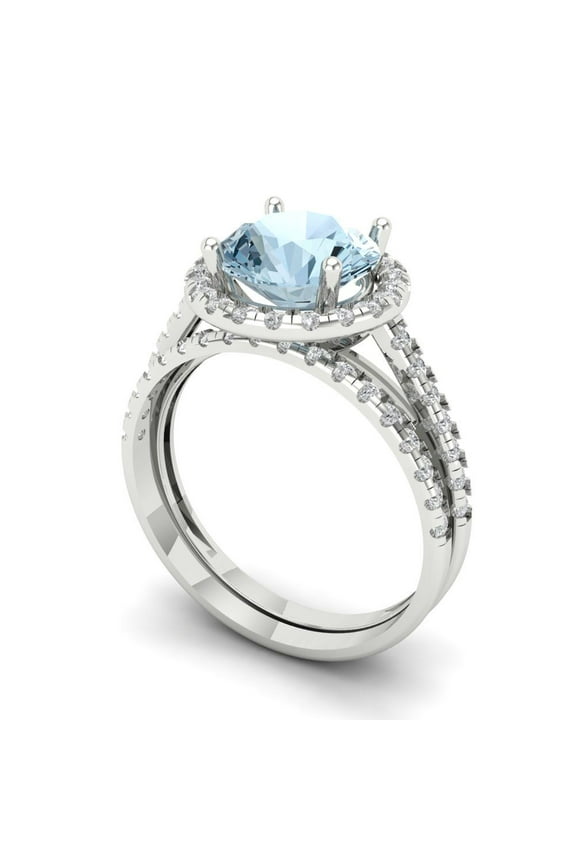 18K White Gold 2.52 Natural Swiss Blue Topaz Engraveable Engagement Ring + Wedding Band Set