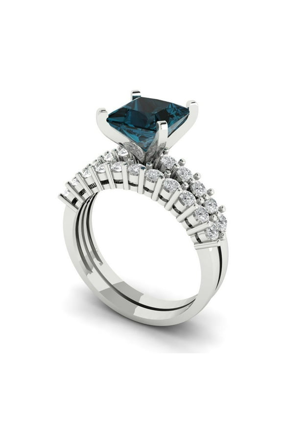 18K White Gold 2.63 Natural London Blue Topaz Engraveable Engagement Ring + Wedding Band Set