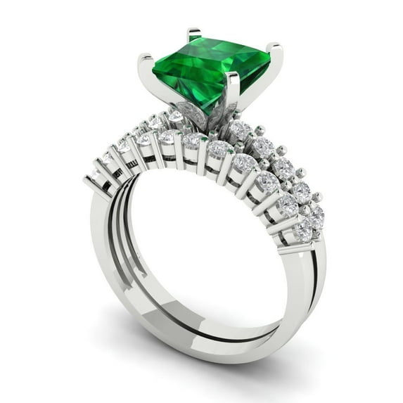 Clara Pucci 18K White Gold 2.63 Simulated Emerald Engraveable Engagement Ring + Wedding Band Set