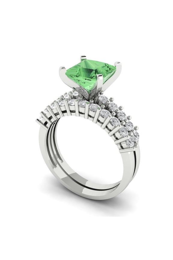 18K White Gold 2.63 Simulated Green Diamond Engraveable Engagement Ring + Wedding Band Set