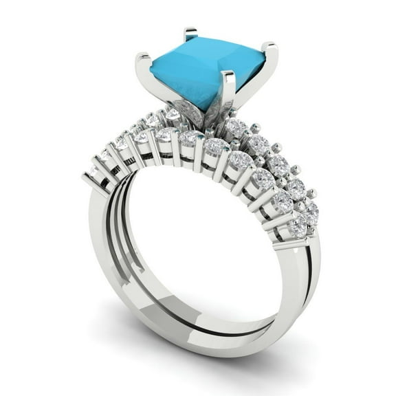 Clara Pucci 18K White Gold 2.63 Simulated Turquoise Engraveable Engagement Ring + Wedding Band Set