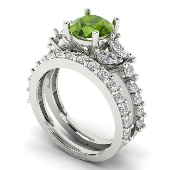Clara Pucci 18K White Gold 2.94 Natural Peridot Engraveable Engagement Ring + Wedding Band Set