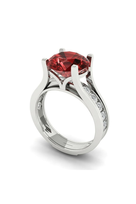 18K White Gold 3.39 Natural Garnet Engraveable Engagement Ring + Wedding Band Set