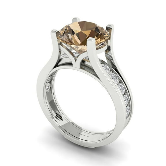 Clara Pucci 18K White Gold 3.39 Simulated Champagne Engraveable Engagement Ring + Wedding Band Set