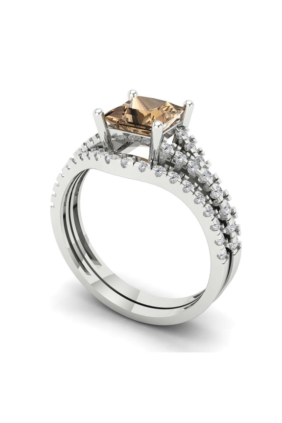 18K White Gold 3.4 Simulated Champagne Engraveable Engagement Ring + Wedding Band Set