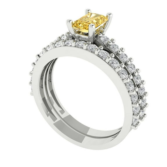 Clara Pucci 18K White Gold Emerald Cut 0.5Ct Natural Citrine Engagement Ring + Matching Band - Luxury Box Included